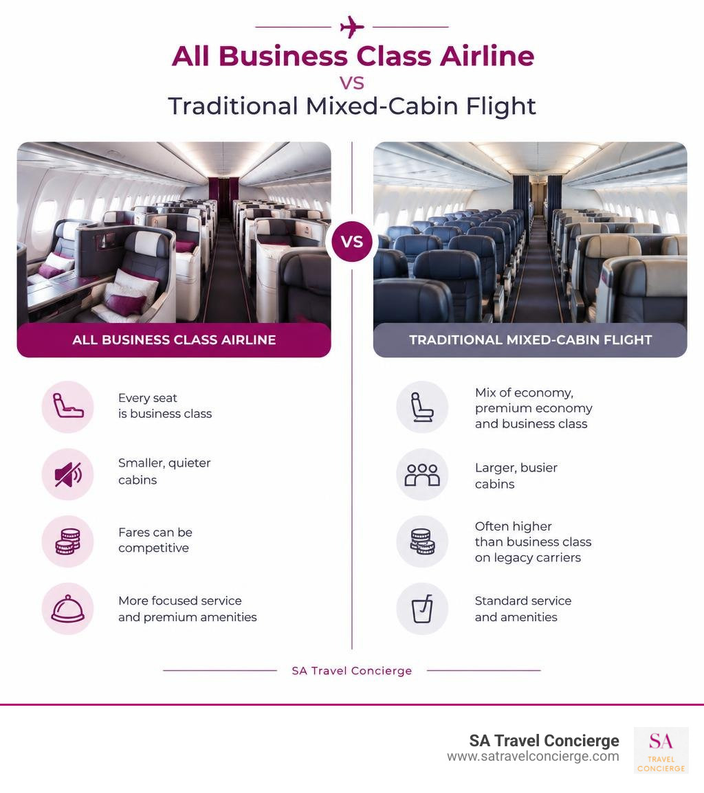 All business class airline versus traditional mixed-cabin flight infographic