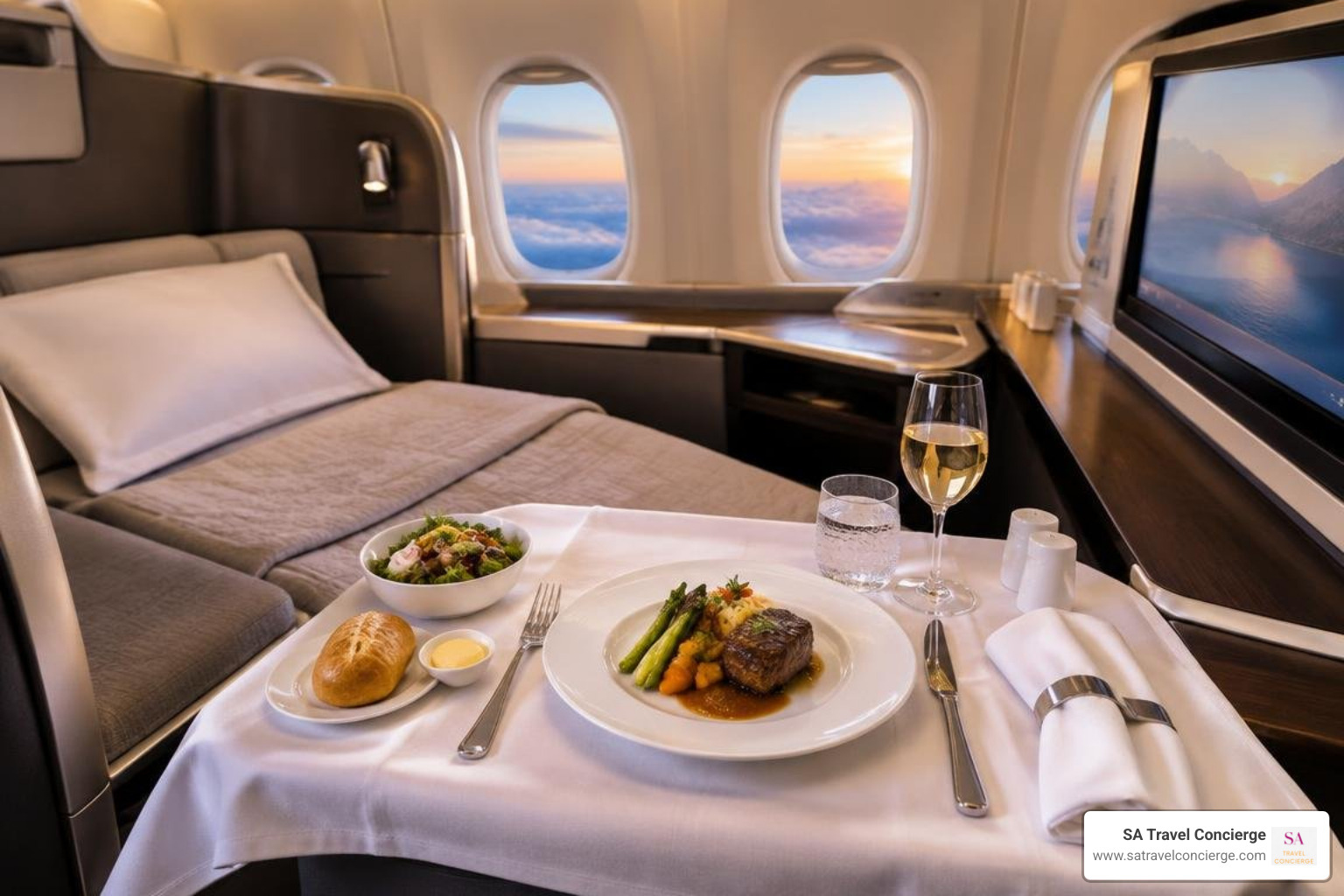 luxury lie-flat seat with multi-course dining service