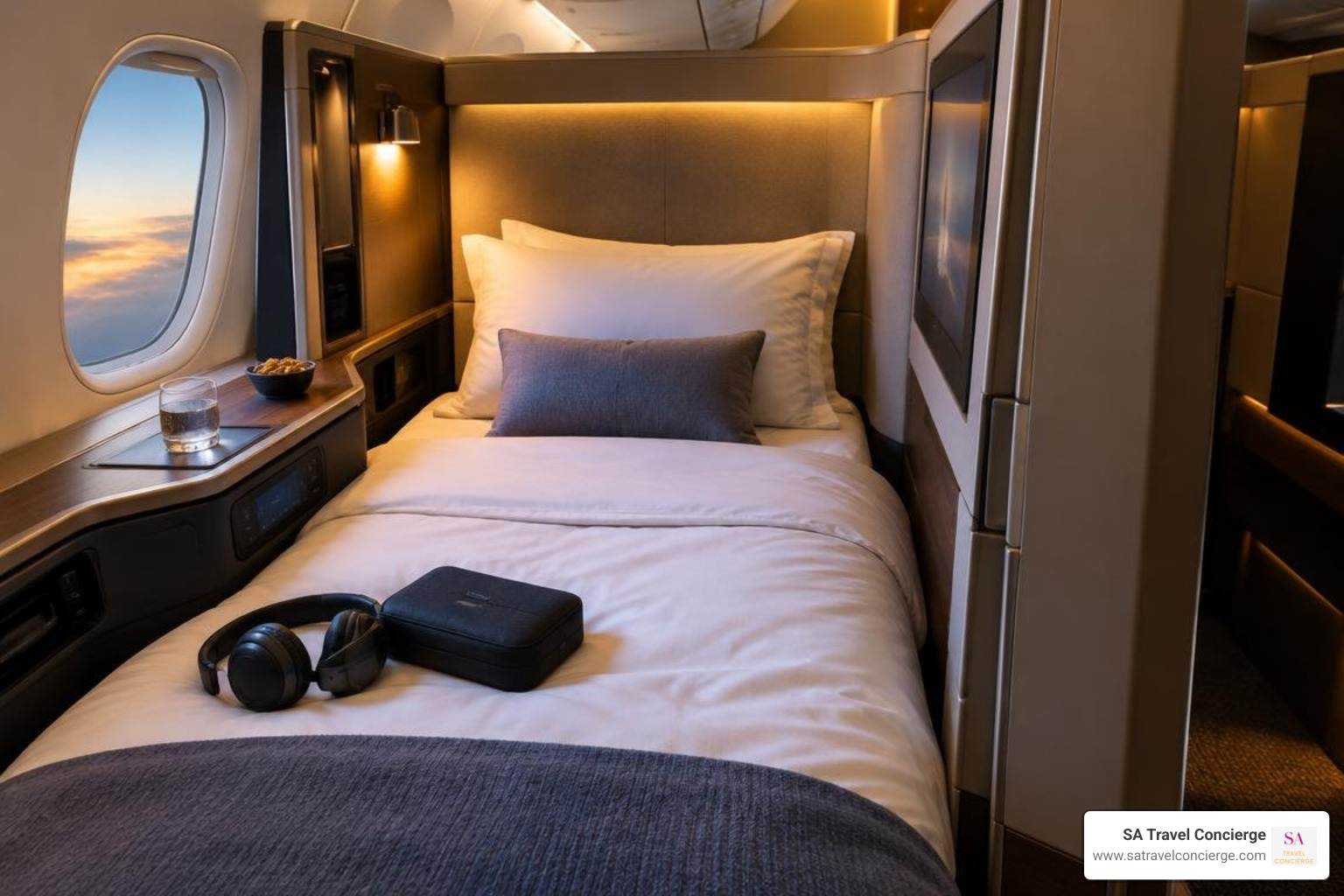 Business class lie-flat suite with luxury bedding, pillows, and premium amenities