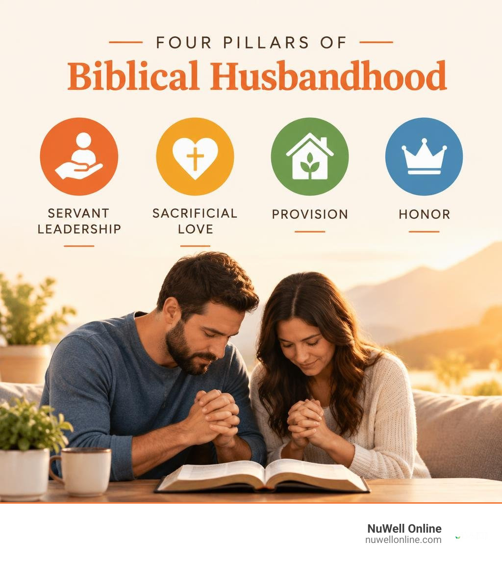Four pillars of biblical husbandhood: servant leadership, sacrificial love, provision, and honor infographic Four pillars of biblical husbandhood: servant leadership, sacrificial love, provision, and honor infographic