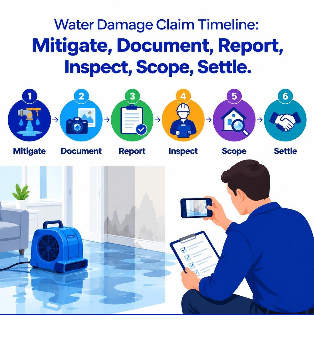 Water damage claim timeline: mitigate, document, report, inspect, scope, settle infographic Water damage claim timeline: mitigate, document, report, inspect, scope, settle infographic