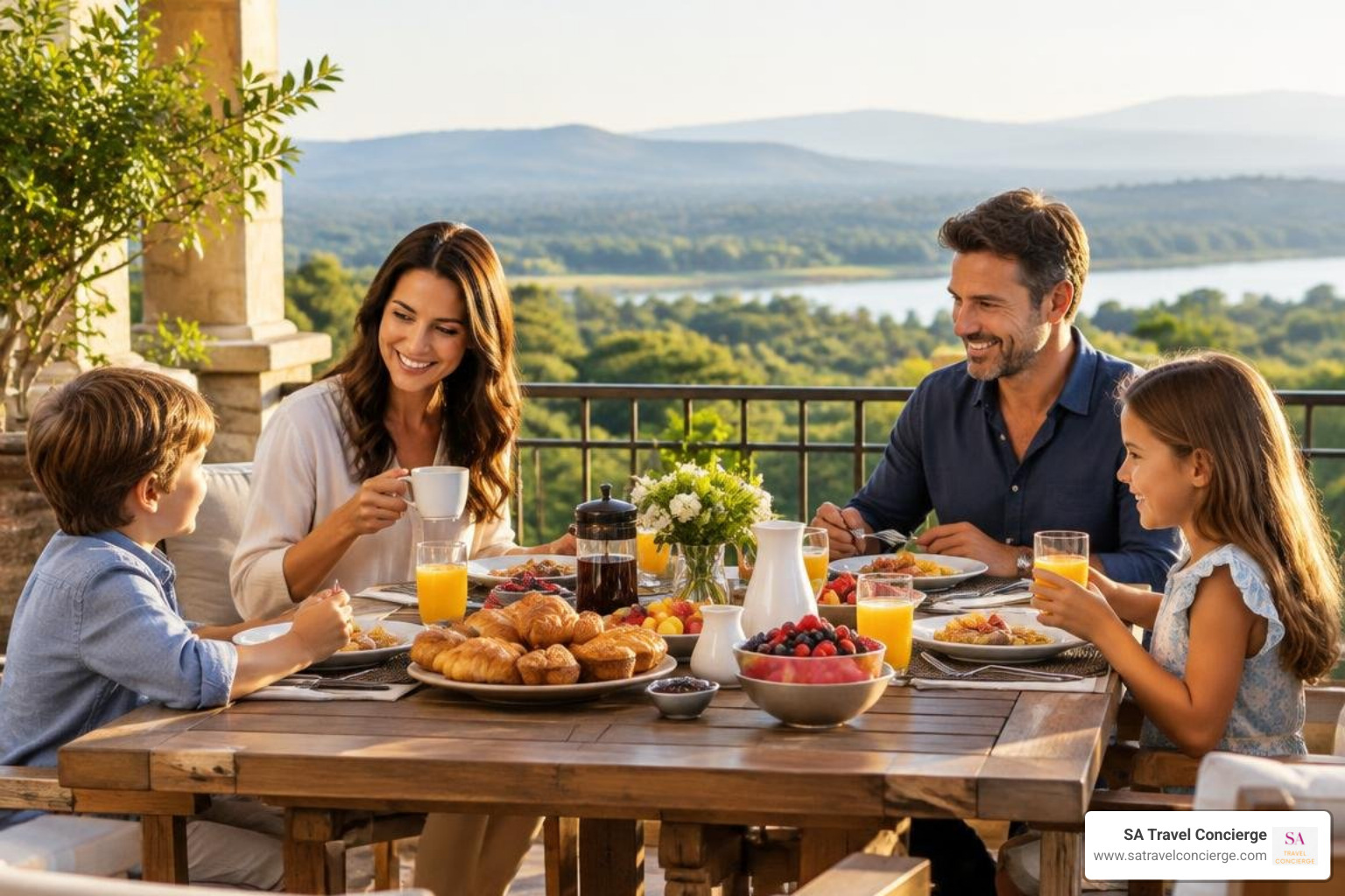 Private family breakfast served on a scenic terrace Private family breakfast served on a scenic terrace
