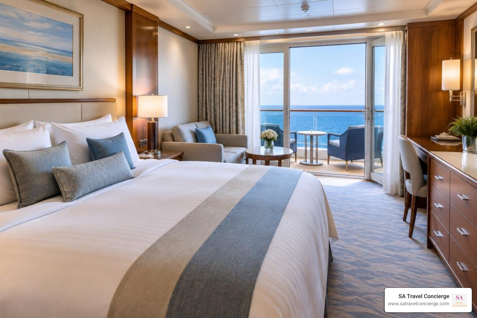 luxury veranda suite interior with ocean balcony