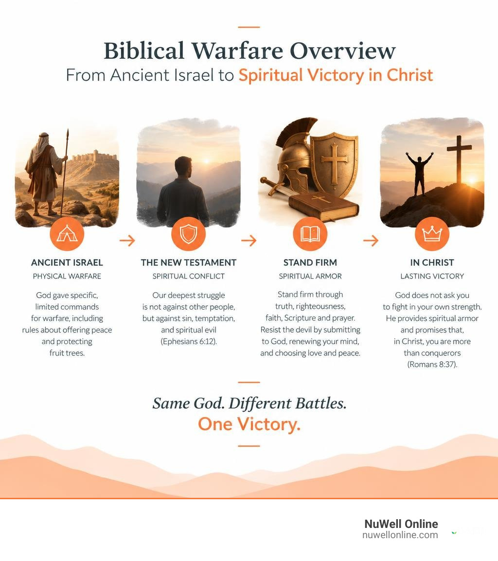 Biblical warfare overview from ancient Israel to spiritual victory in Christ infographic