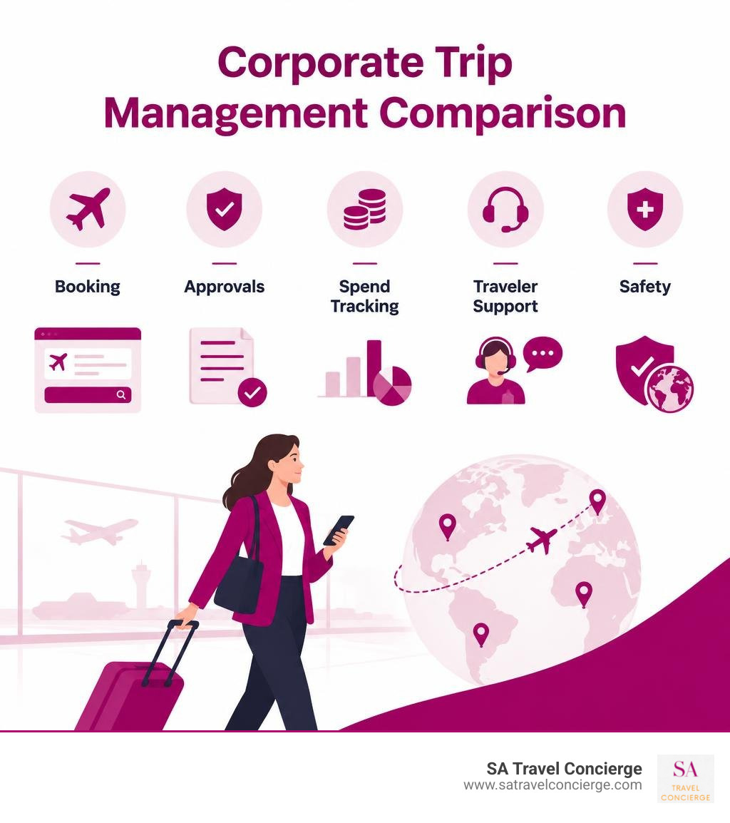 Corporate trip management comparison: booking, approvals, spend tracking, traveler support, and safety infographic