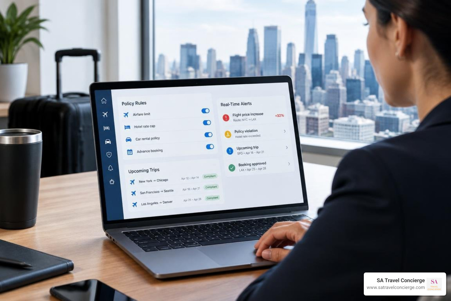 corporate travel dashboard showing automated policy rules and real-time alerts