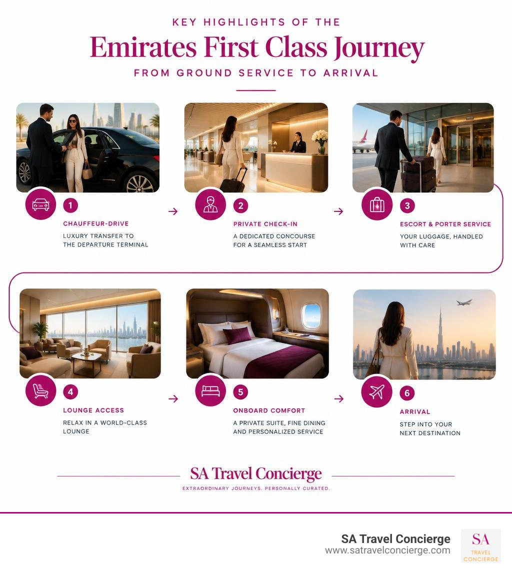 Key highlights of the Emirates First Class journey from ground service to arrival infographic