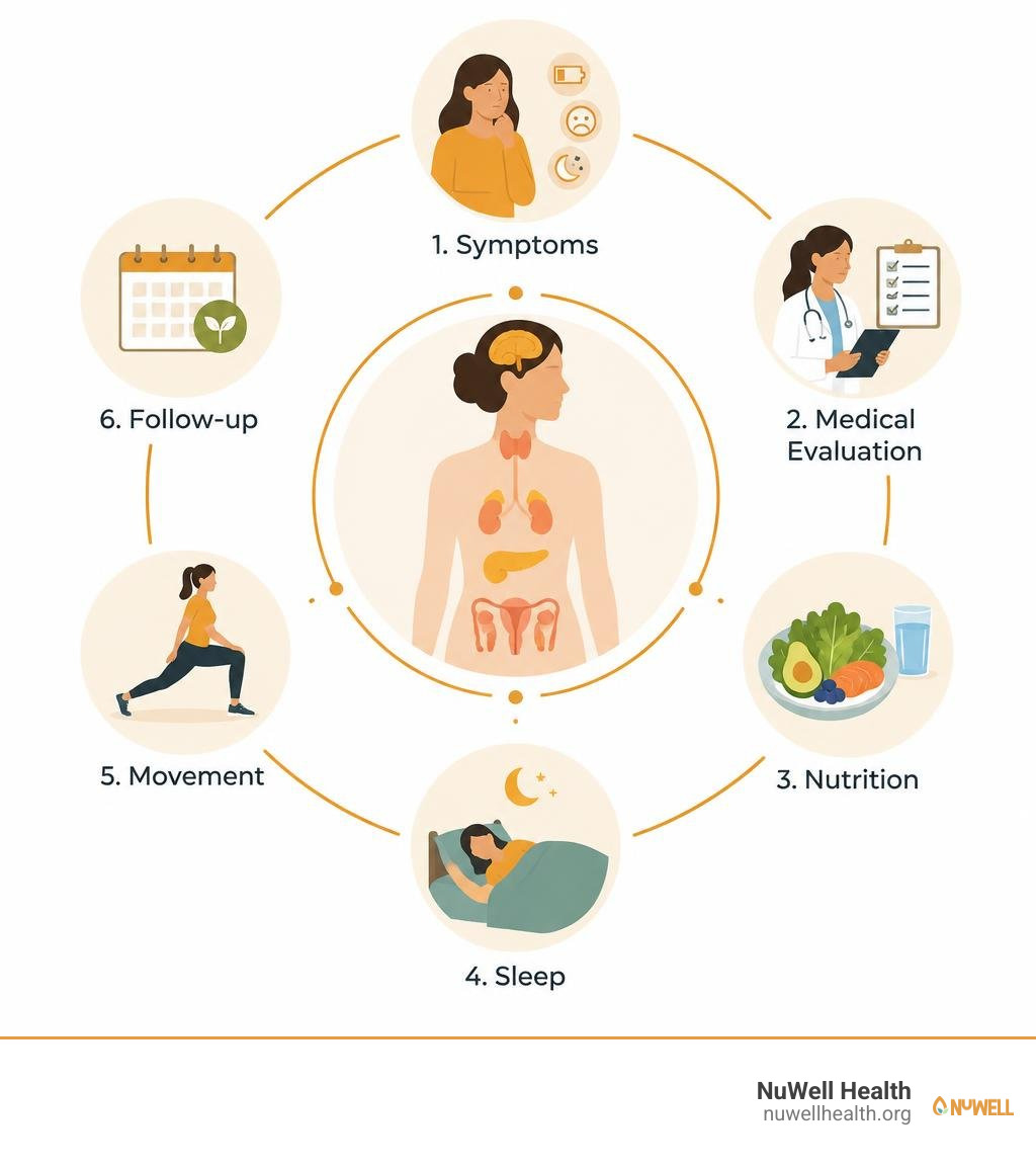 Hormone support plan: symptoms, medical evaluation, nutrition, sleep, movement, and follow-up infographic Hormone support plan: symptoms, medical evaluation, nutrition, sleep, movement, and follow-up infographic