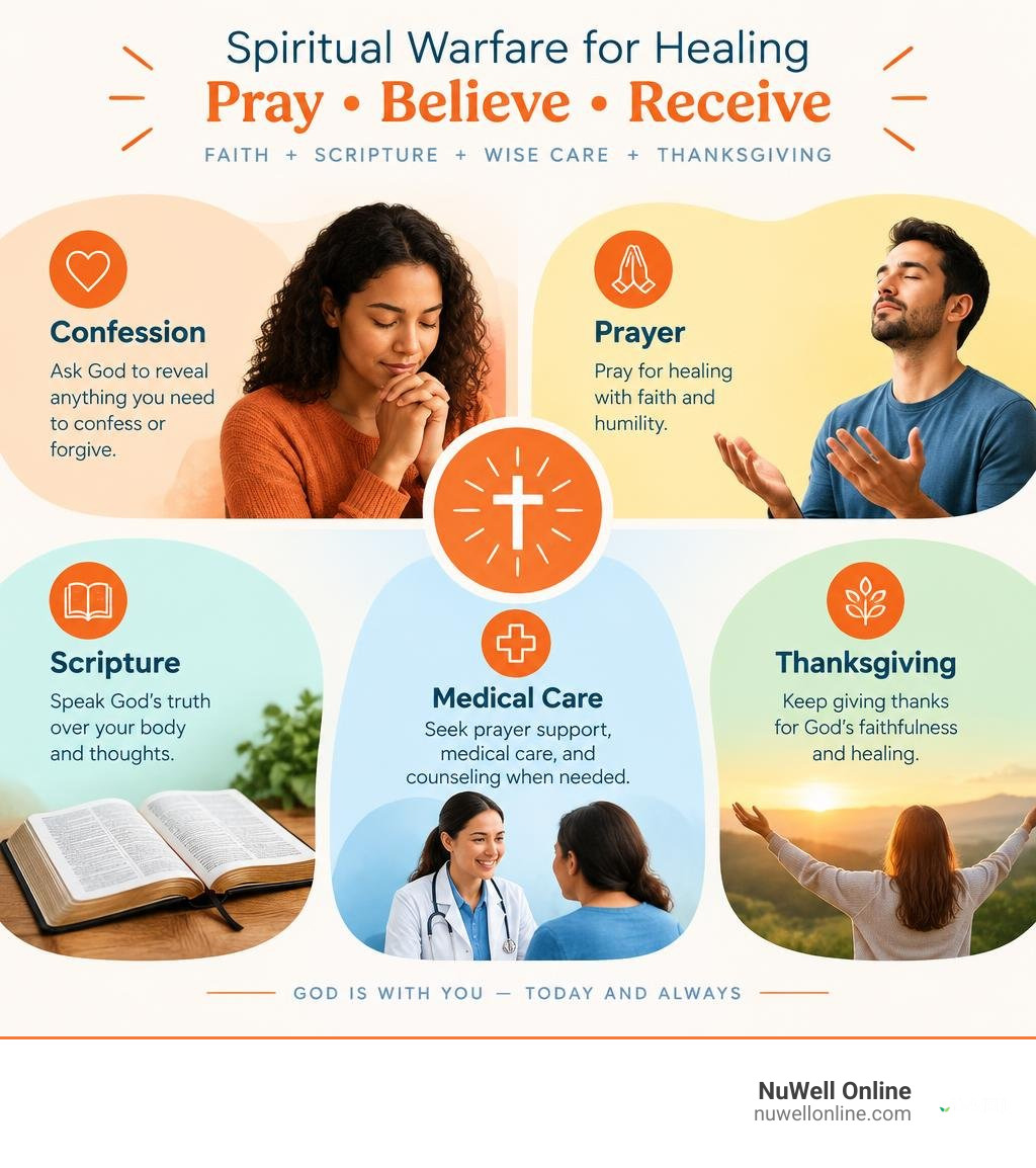 Infographic showing confession prayer Scripture support medical care and ongoing thanksgiving infographic