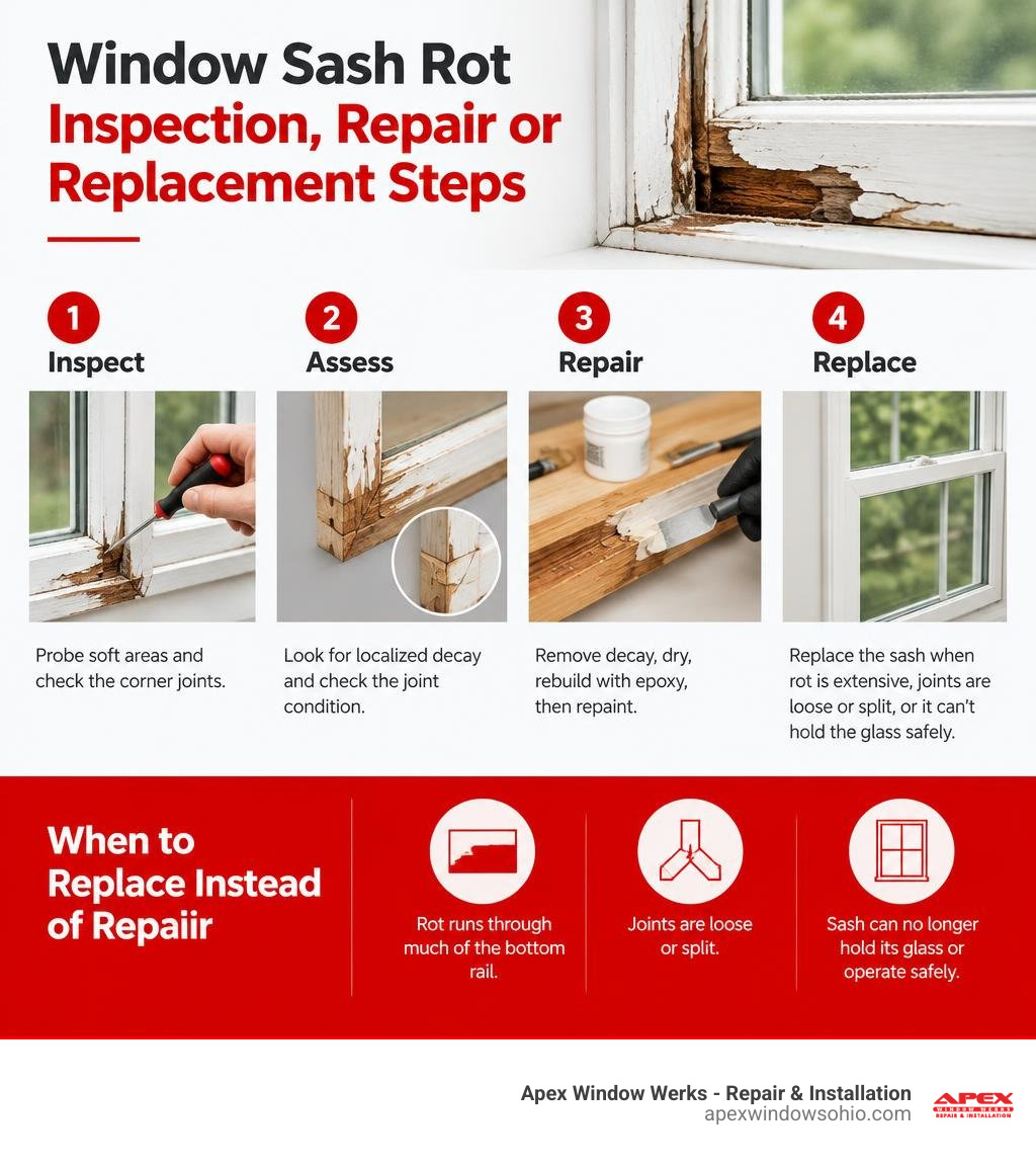 Window sash rot inspection repair or replacement steps infographic