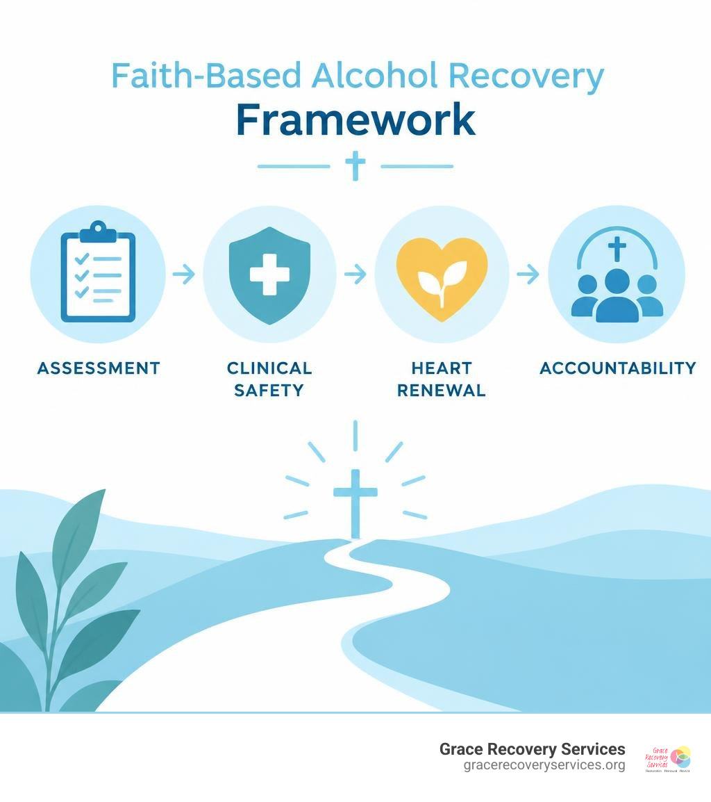 Faith-based alcohol recovery framework: assessment, clinical safety, heart renewal, accountability infographic