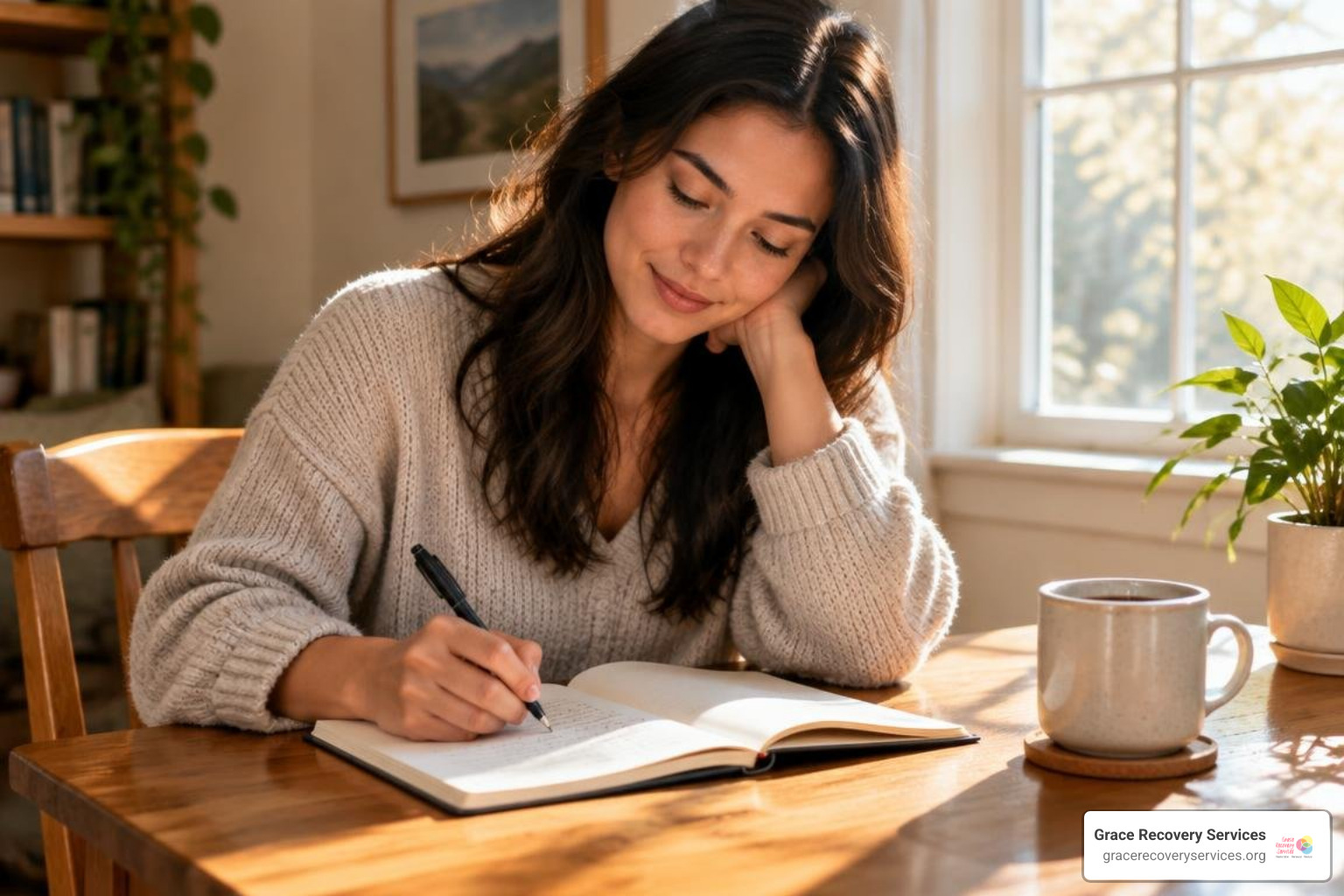 person journaling prayers and reflections during outpatient recovery
