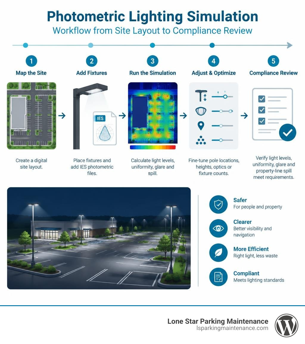 Photometric lighting simulation workflow from site layout to compliance review infographic Photometric lighting simulation workflow from site layout to compliance review infographic