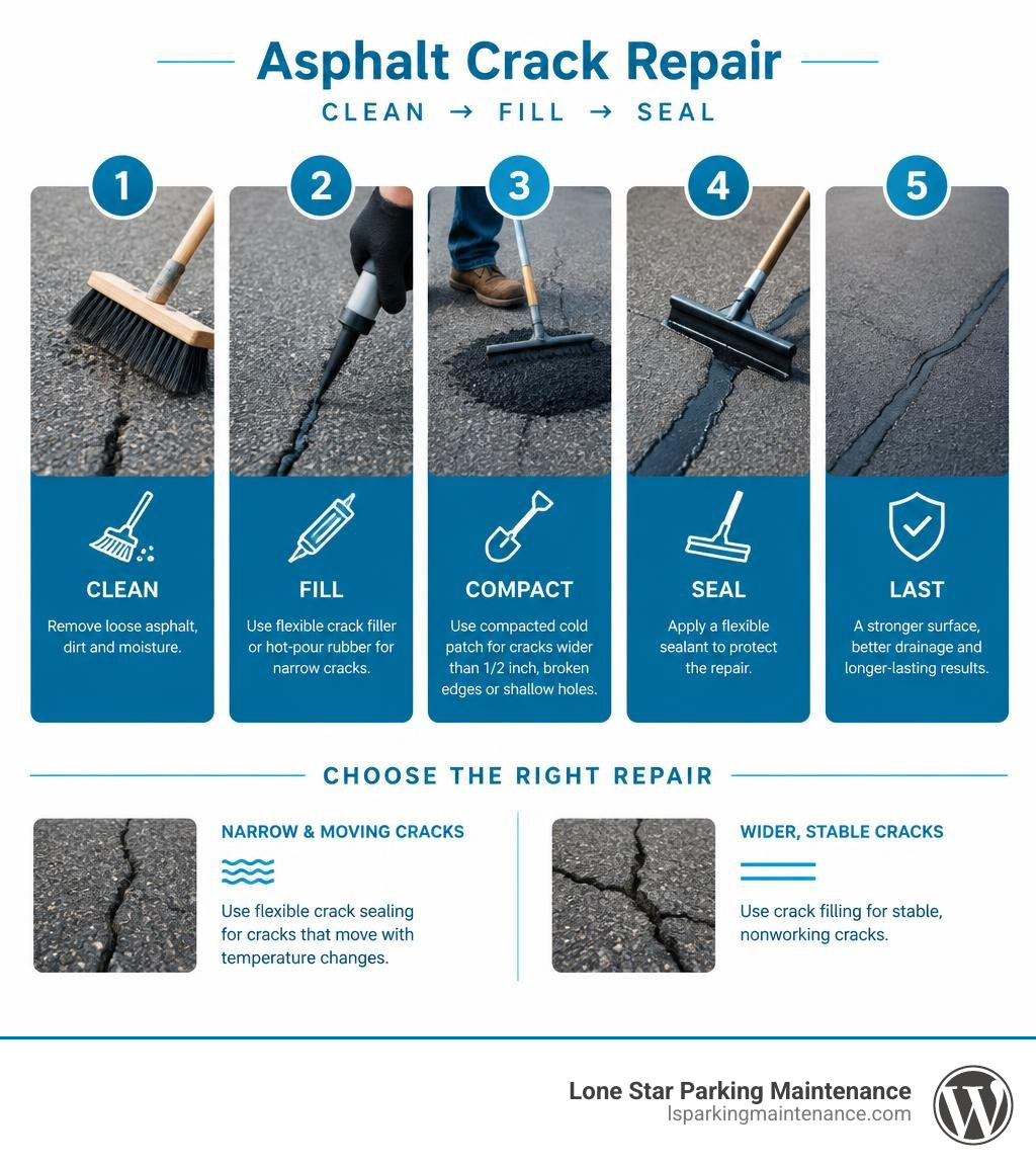 Infographic showing asphalt crack repair steps from cleaning to filling and sealing infographic Infographic showing asphalt crack repair steps from cleaning to filling and sealing infographic