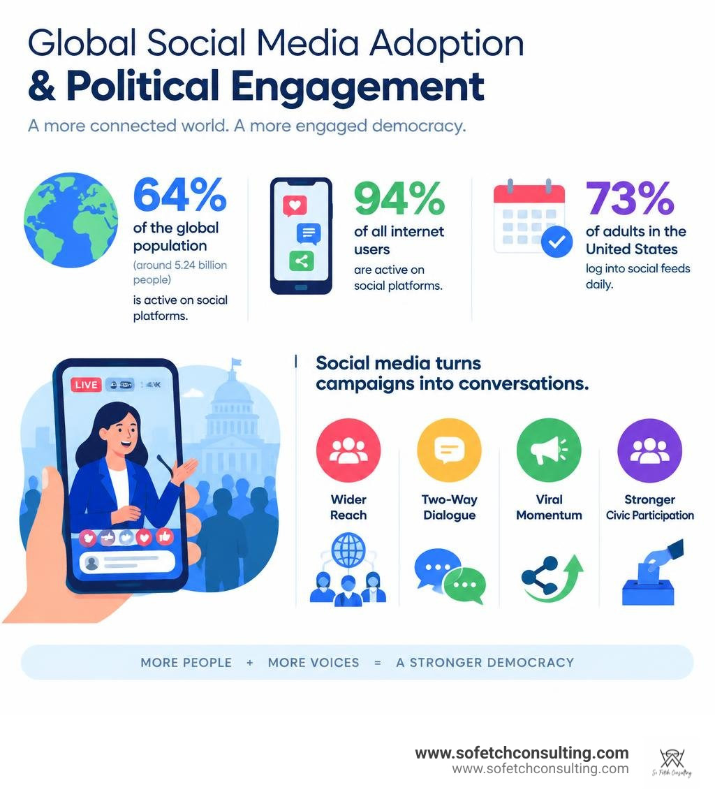 Key metrics of global social media adoption and political engagement infographic