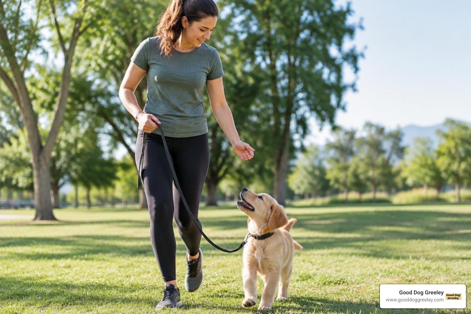 trainer guiding puppy during a structured walk trainer guiding puppy during a structured walk