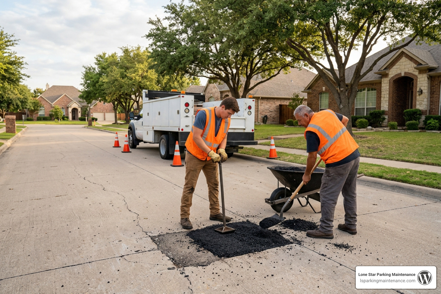 Commercial crew repairing commercial asphalt Commercial crew repairing commercial asphalt