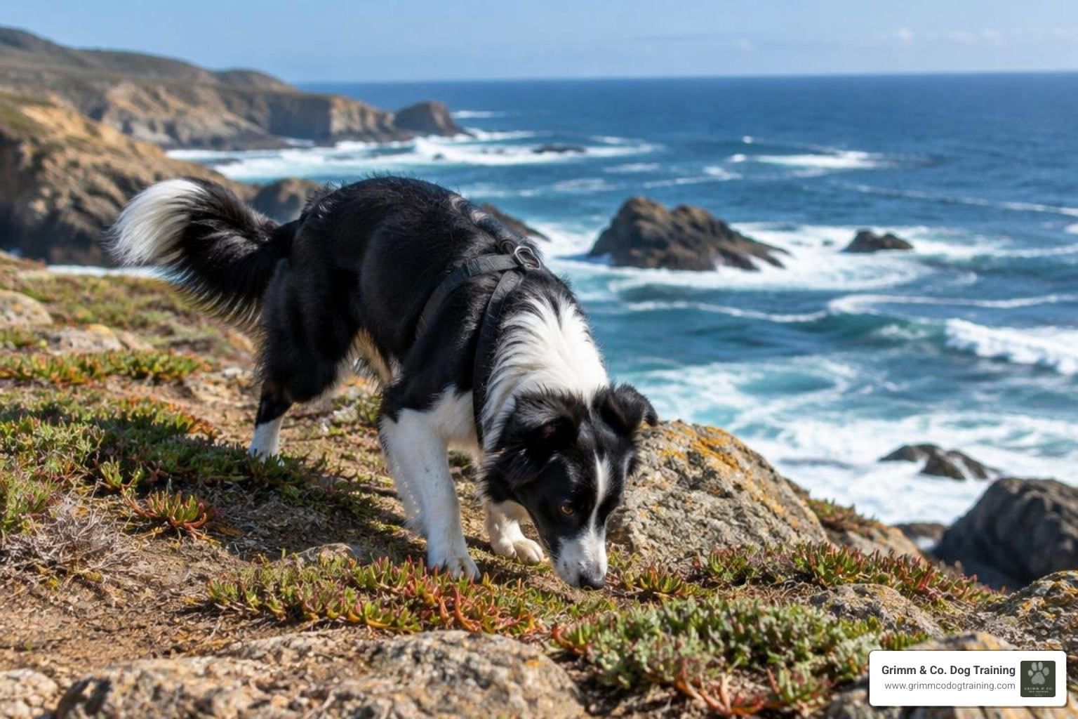 dog practicing outdoor scent work on the California coast dog practicing outdoor scent work on the California coast