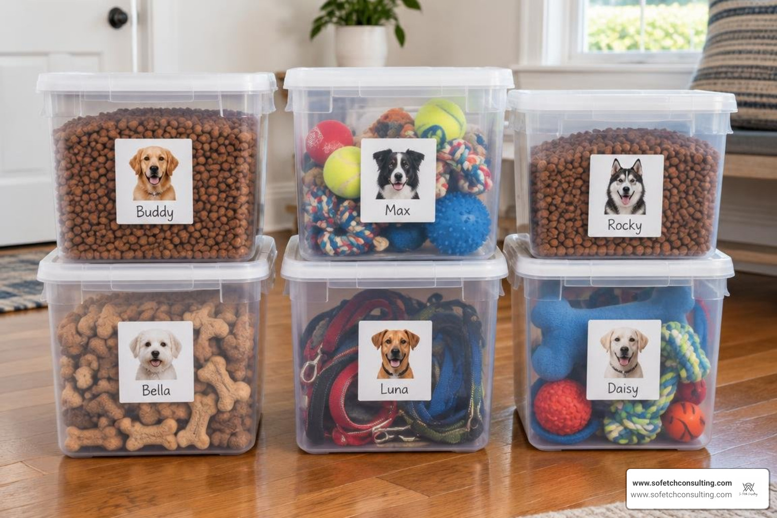 Organized packing containers for multi dog gear Organized packing containers for multi dog gear