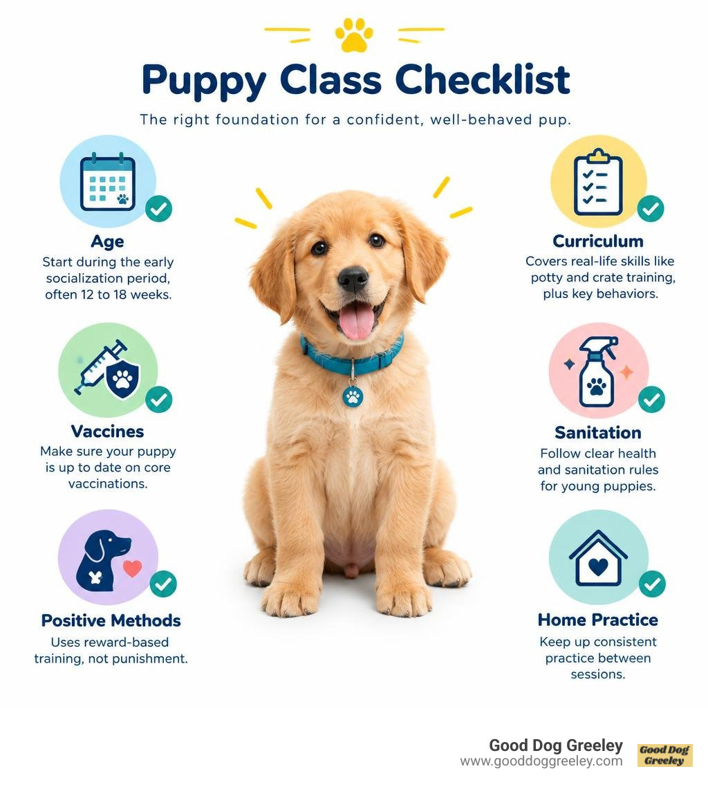 Puppy class checklist: age, vaccines, positive methods, curriculum, sanitation, home practice infographic Puppy class checklist: age, vaccines, positive methods, curriculum, sanitation, home practice infographic
