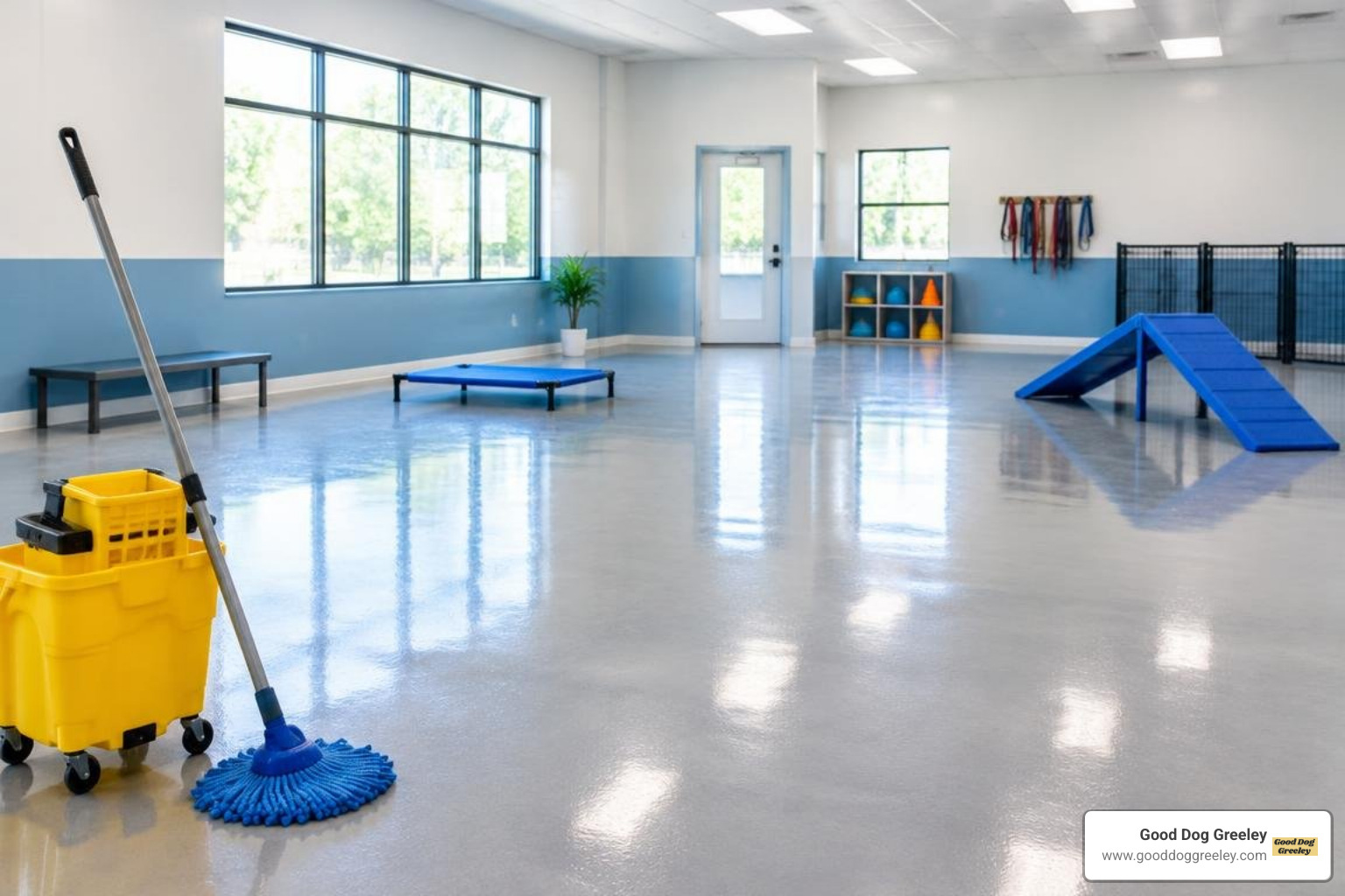 Sanitized indoor dog training facility floor Sanitized indoor dog training facility floor