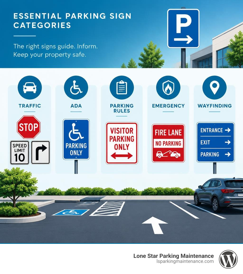 Infographic showing essential parking sign categories: traffic, ADA, parking rules, emergency, and wayfinding infographic Infographic showing essential parking sign categories: traffic, ADA, parking rules, emergency, and wayfinding infographic