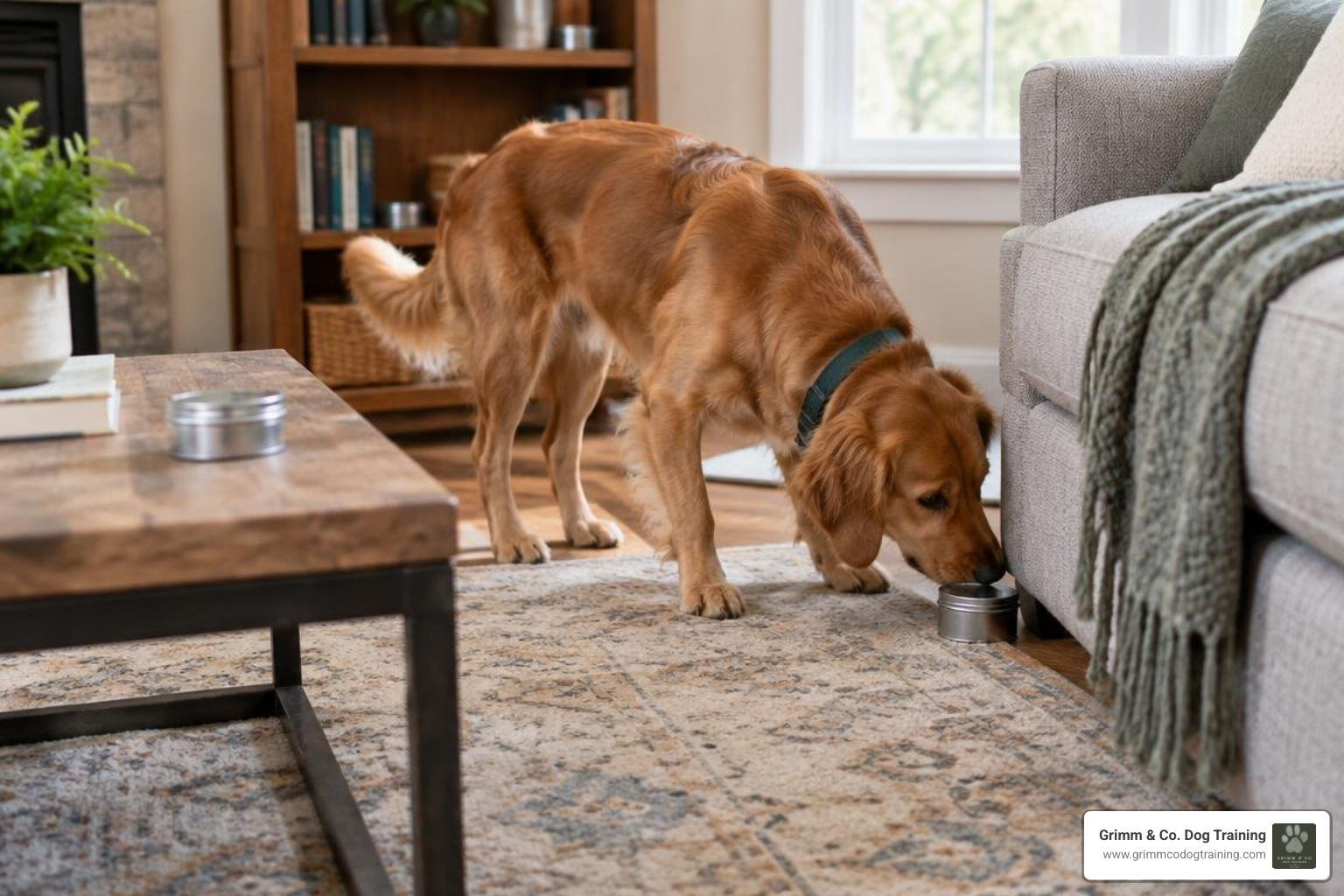 dog searching for hidden scented tins in a living room dog searching for hidden scented tins in a living room