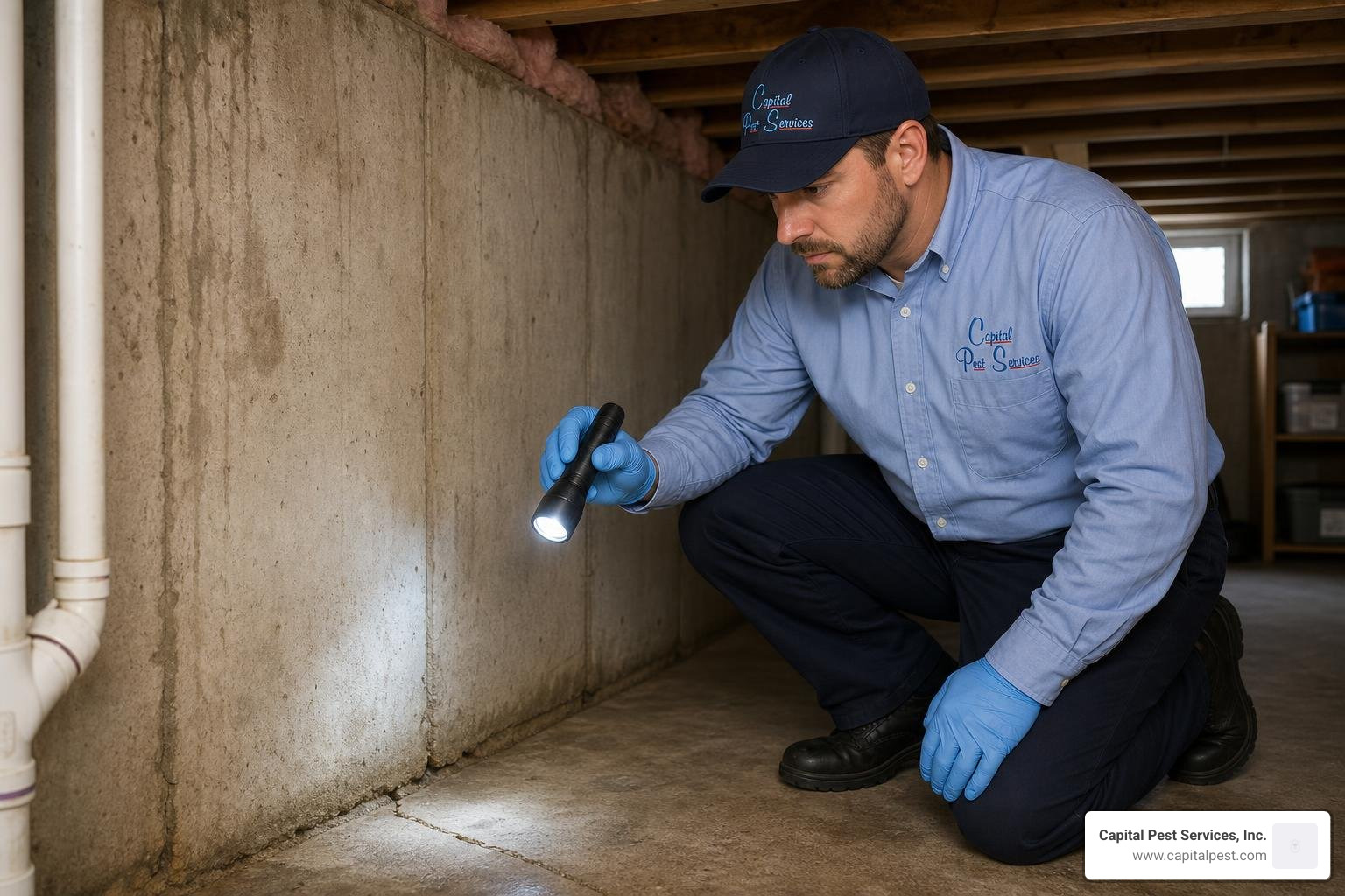 Pest control technician inspecting a residential basement