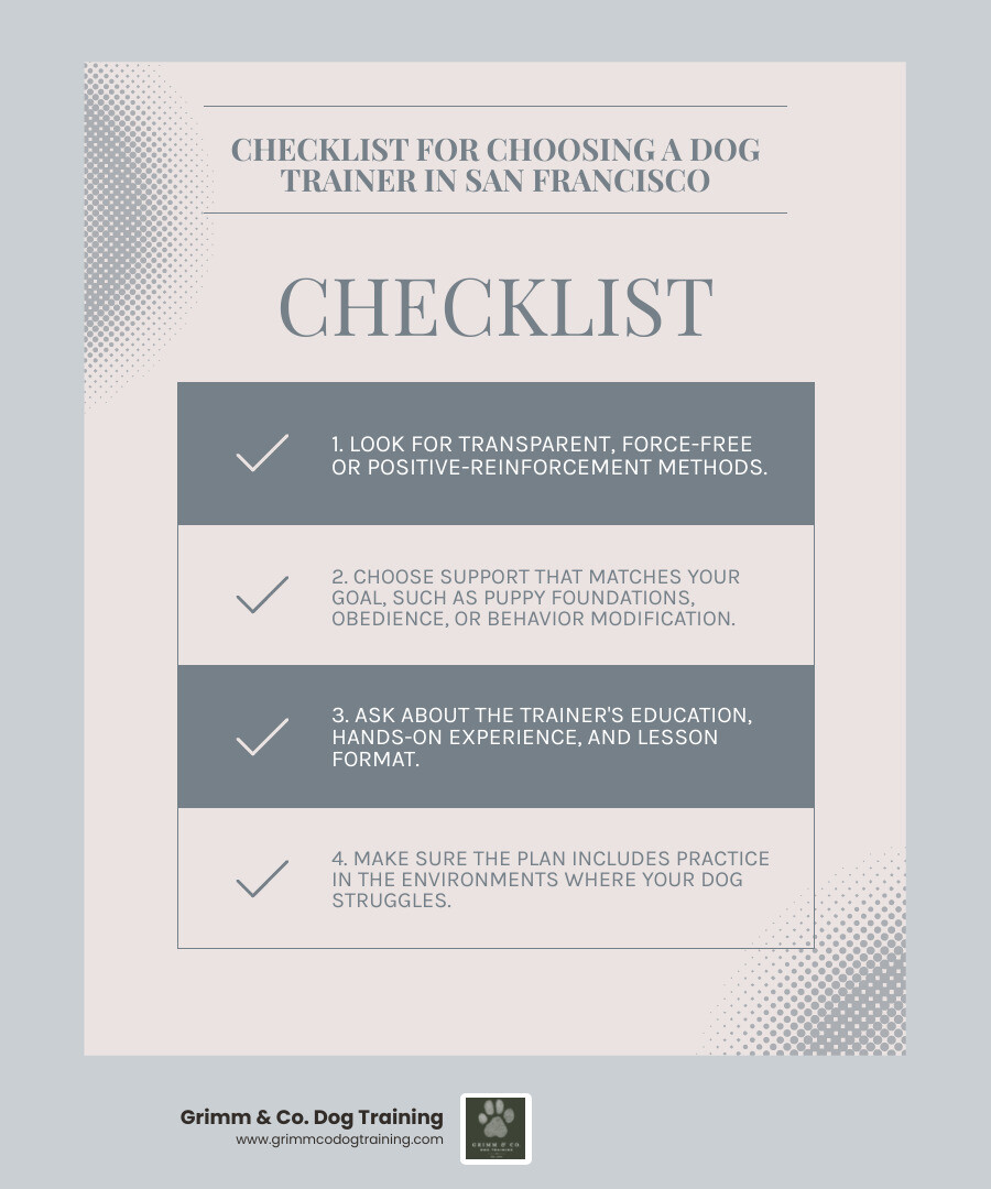 How to choose a San Francisco dog trainer: methods, goals, credentials, and real-world practice infographic How to choose a San Francisco dog trainer: methods, goals, credentials, and real-world practice infographic