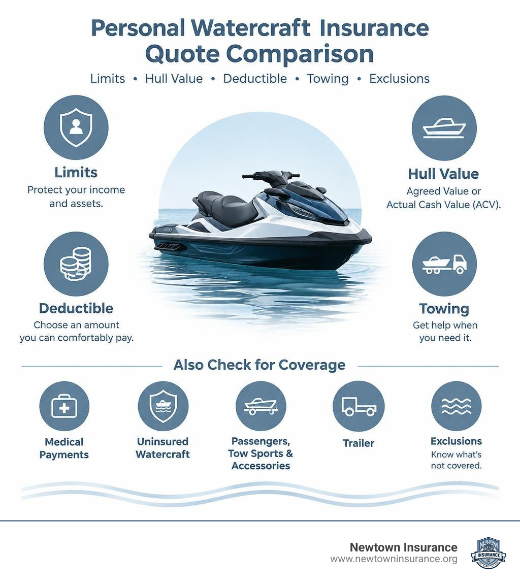 Personal watercraft quote comparison: limits, hull value, deductible, towing, and exclusions infographic Personal watercraft quote comparison: limits, hull value, deductible, towing, and exclusions infographic