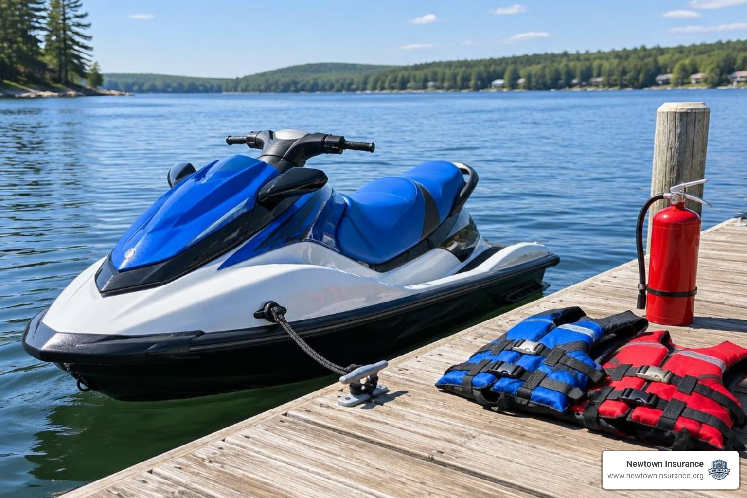 personal watercraft parked at a dock with safety gear personal watercraft parked at a dock with safety gear