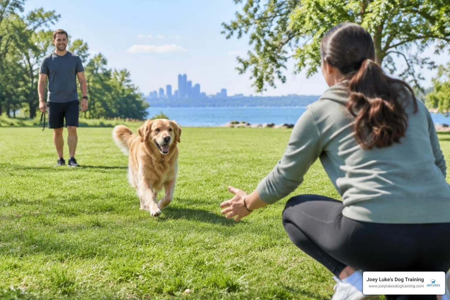 dog owner practicing distance recall commands with a professional trainer dog owner practicing distance recall commands with a professional trainer
