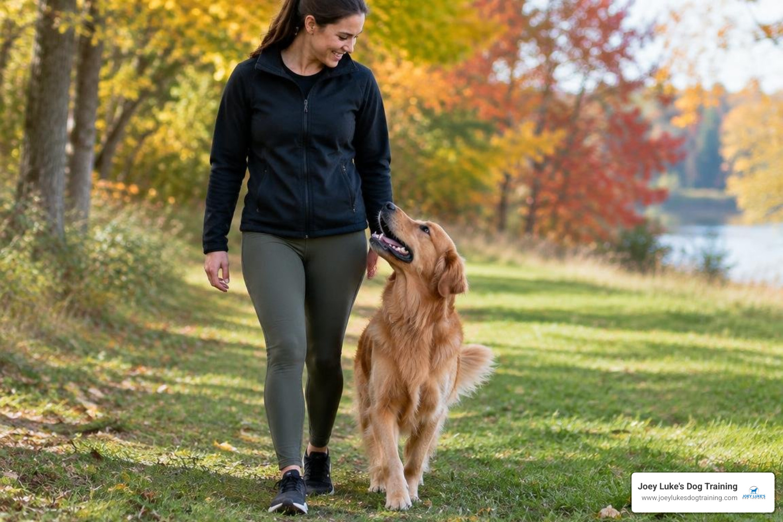 focused golden retriever performing off leash heel work in a Michigan park focused golden retriever performing off leash heel work in a Michigan park