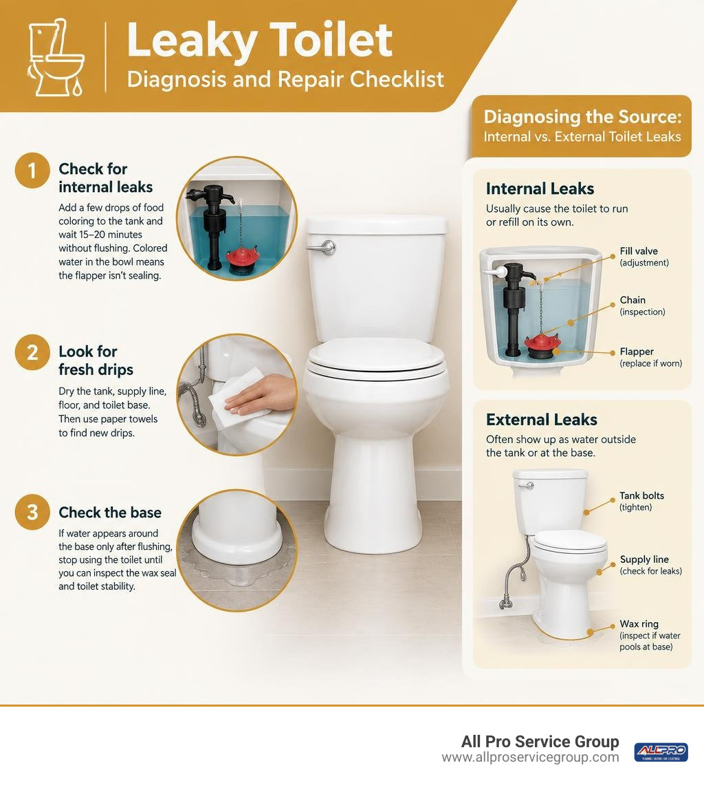 Leaky toilet diagnosis and repair checklist infographic Leaky toilet diagnosis and repair checklist infographic