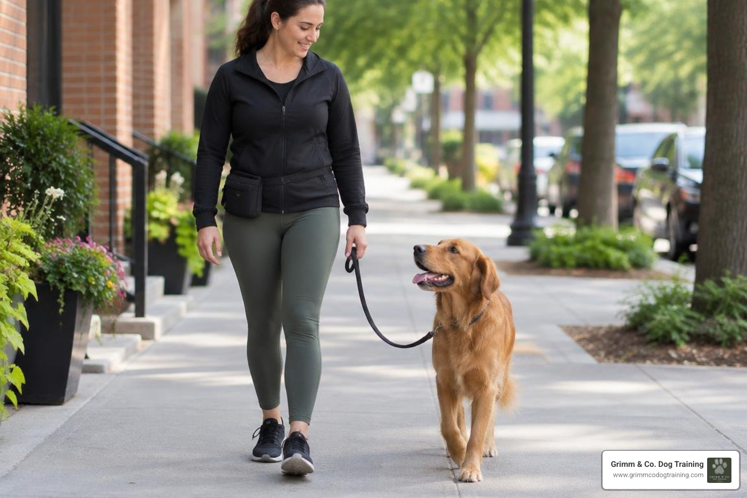 dog trainer practicing loose leash walking with a dog on a city sidewalk dog trainer practicing loose leash walking with a dog on a city sidewalk