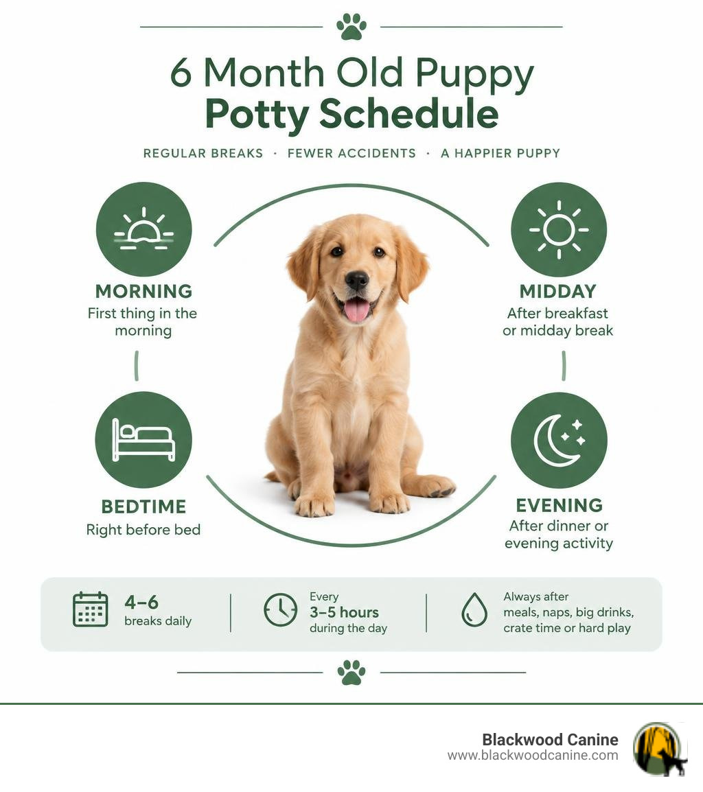 Infographic showing a 6 month old puppy potty schedule with morning, midday, evening, and bedtime breaks infographic Infographic showing a 6 month old puppy potty schedule with morning, midday, evening, and bedtime breaks infographic
