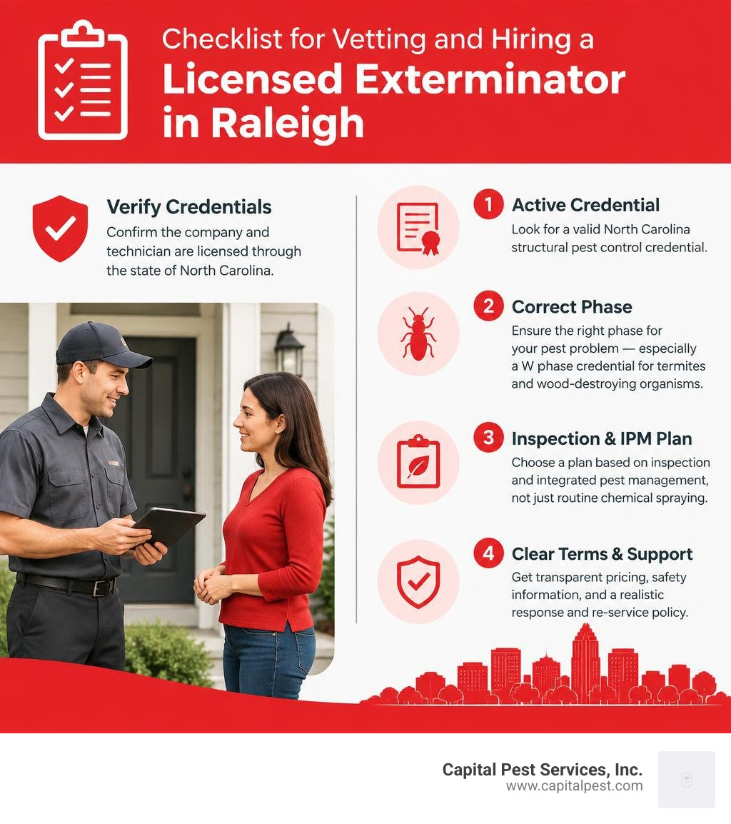 Checklist for vetting and hiring a licensed exterminator in Raleigh infographic