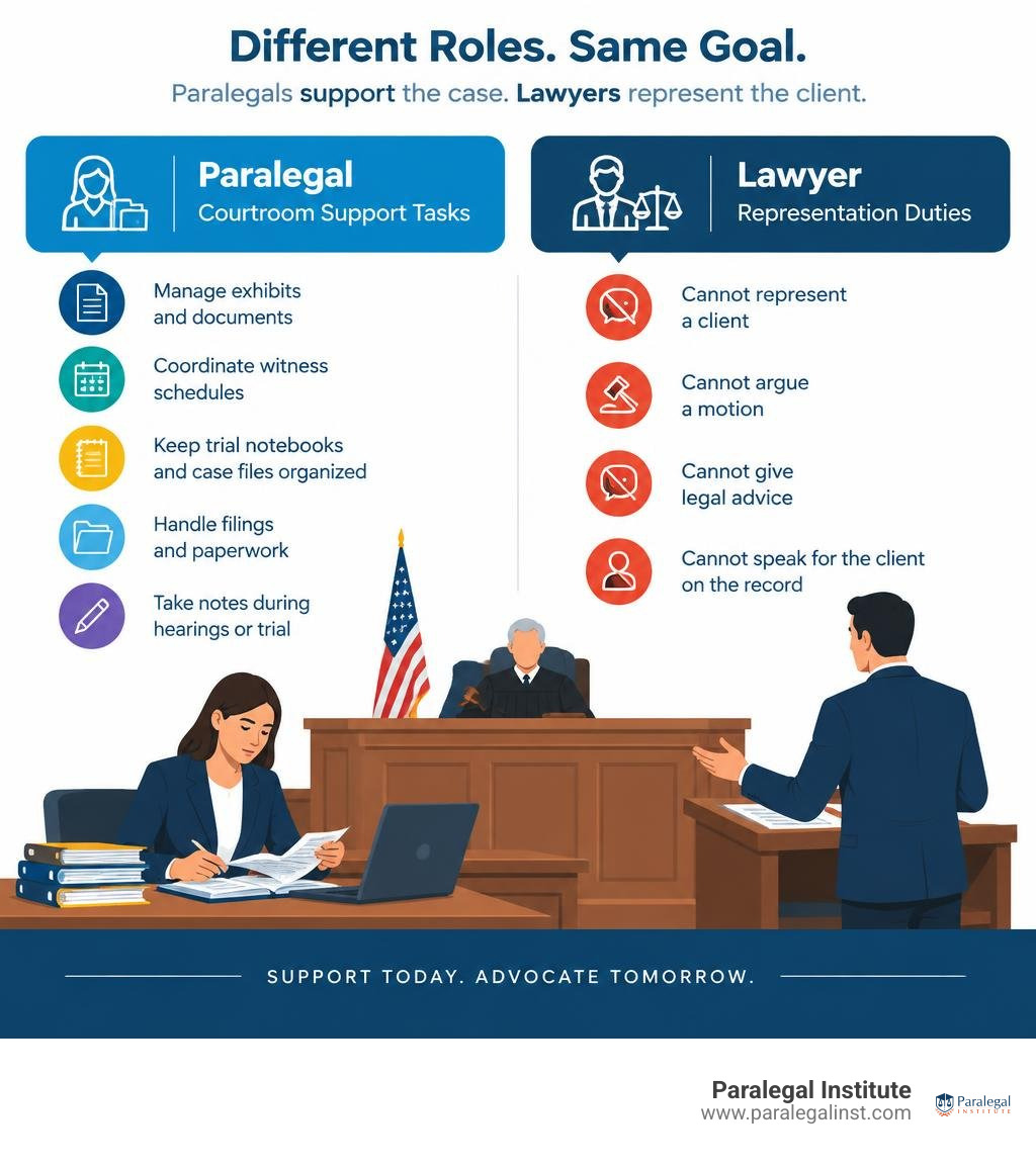 Infographic comparing paralegal courtroom support tasks and lawyer representation duties infographic Infographic comparing paralegal courtroom support tasks and lawyer representation duties infographic