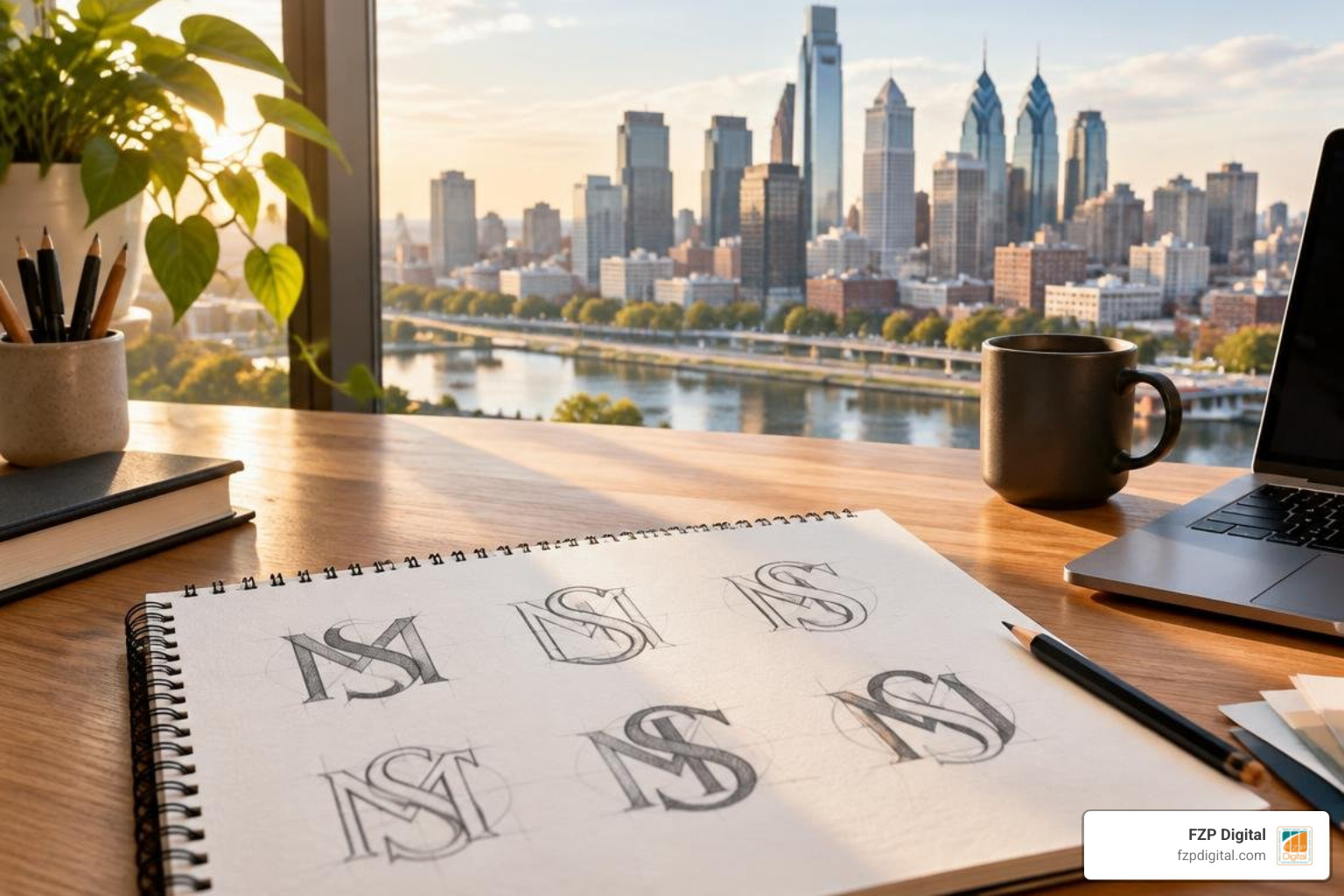 Interlocking M and S monogram logo concepts with Philadelphia backdrop Interlocking M and S monogram logo concepts with Philadelphia backdrop