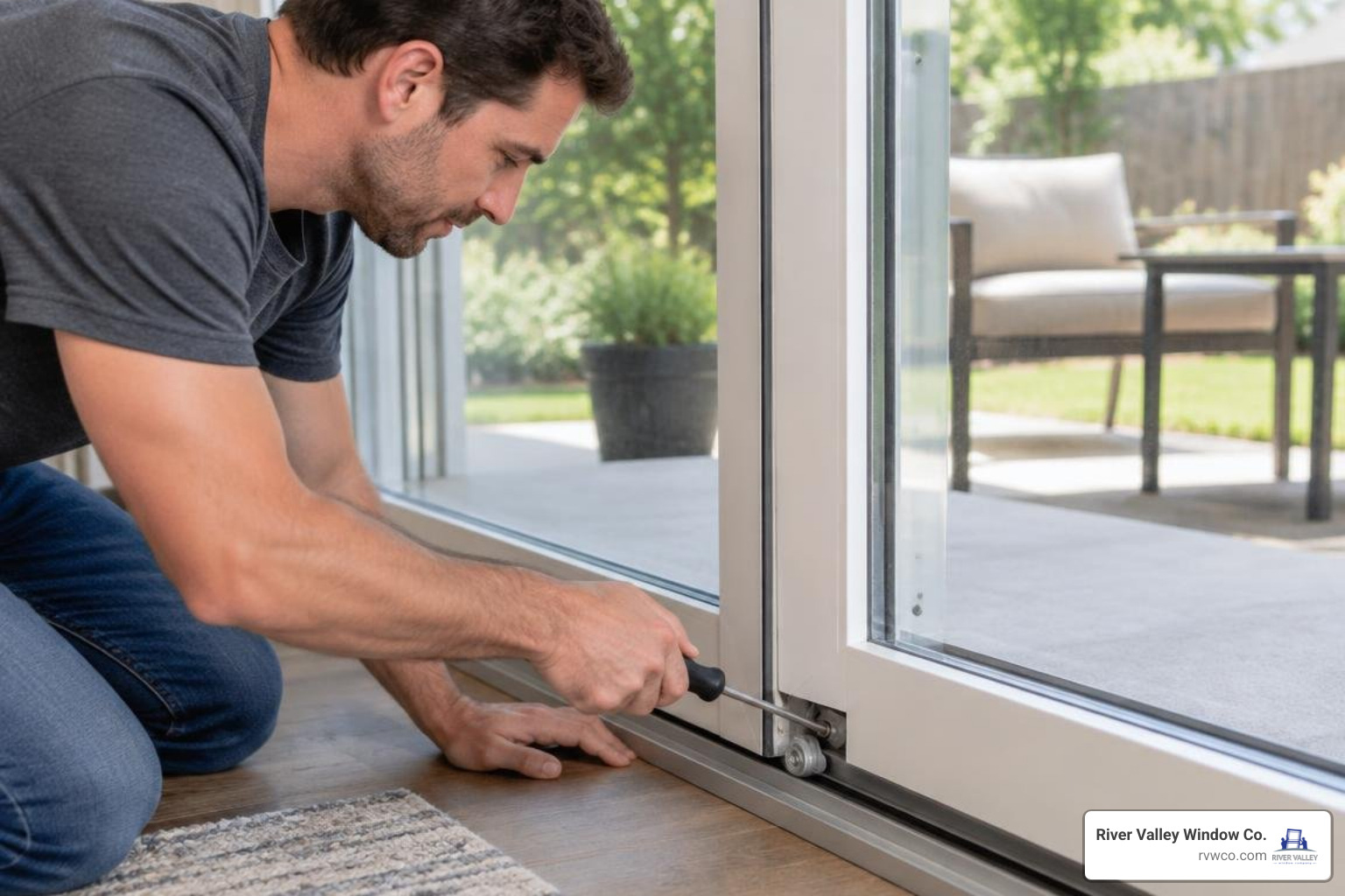 Adjusting bottom rollers with a screwdriver on a Milgard patio door Adjusting bottom rollers with a screwdriver on a Milgard patio door