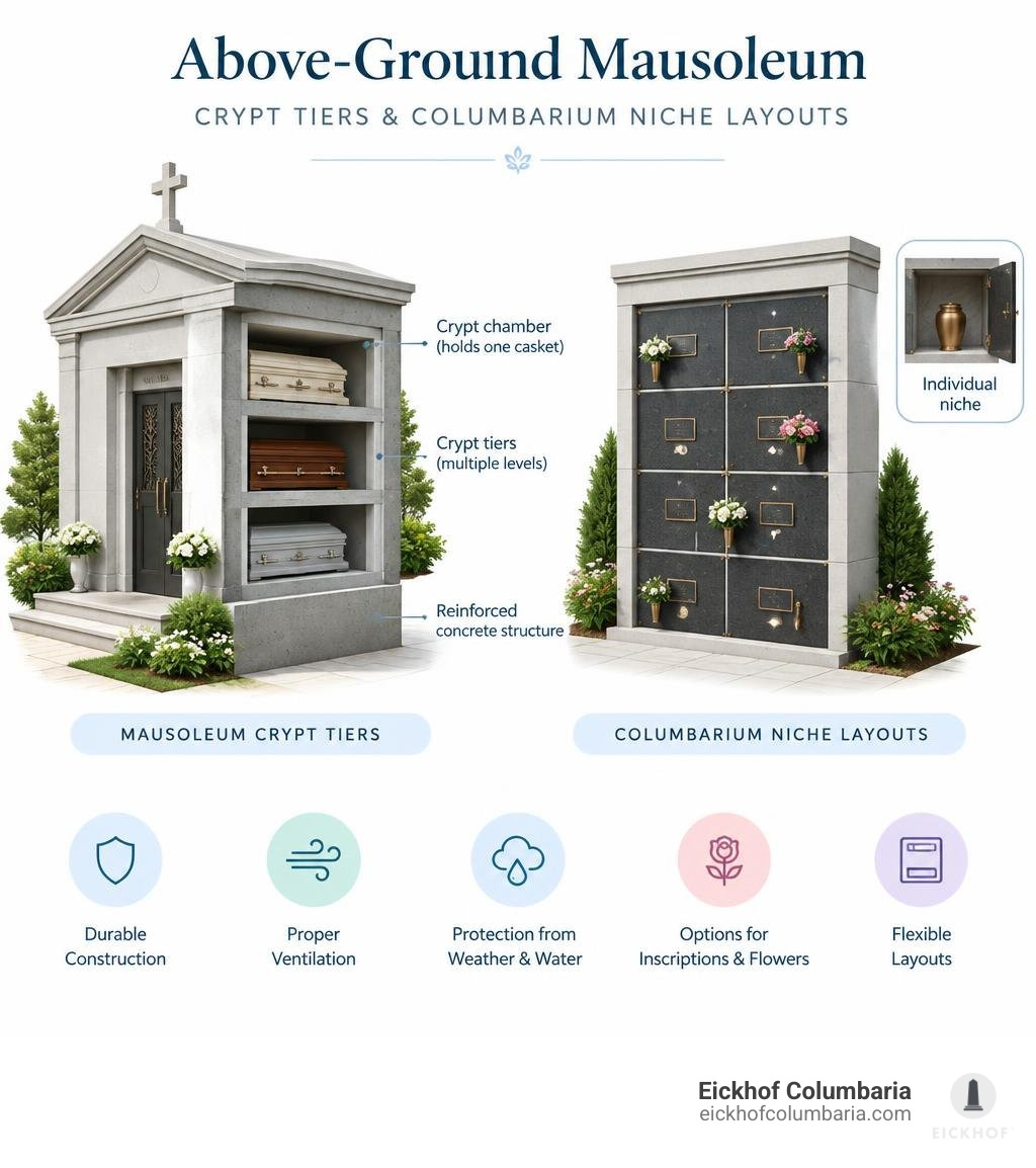 Above-ground mausoleum crypt tiers and columbarium niche layouts infographic