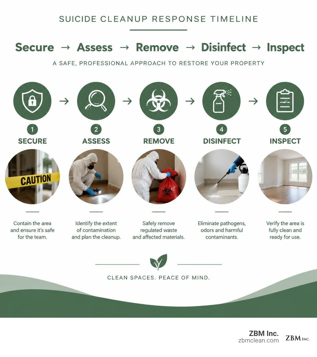 Suicide cleanup response timeline: secure, assess, remove, disinfect, inspect infographic Suicide cleanup response timeline: secure, assess, remove, disinfect, inspect infographic