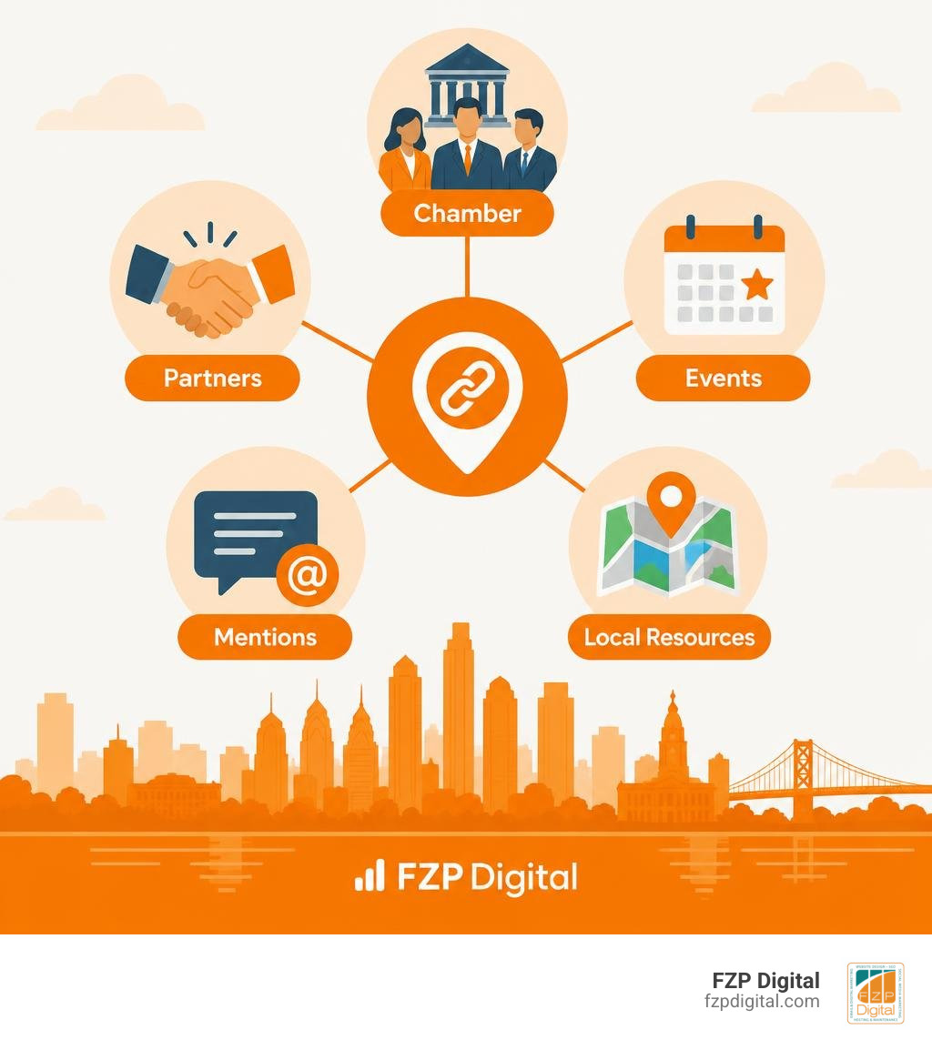 Infographic showing five local link building ideas: chamber, partners, events, mentions, local resources infographic Infographic showing five local link building ideas: chamber, partners, events, mentions, local resources infographic