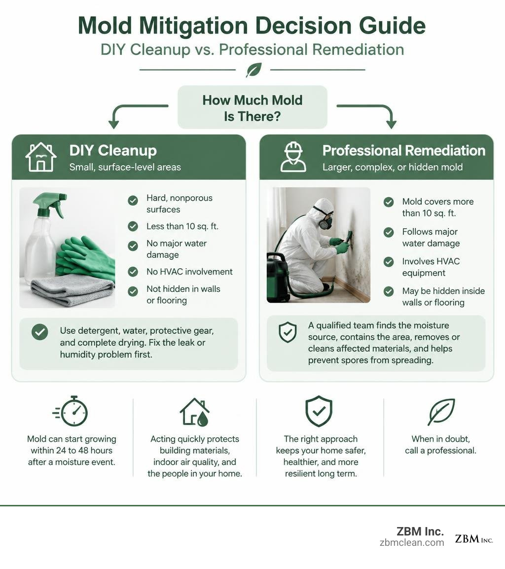 Mold mitigation decision guide for DIY cleanup and professional remediation infographic Mold mitigation decision guide for DIY cleanup and professional remediation infographic