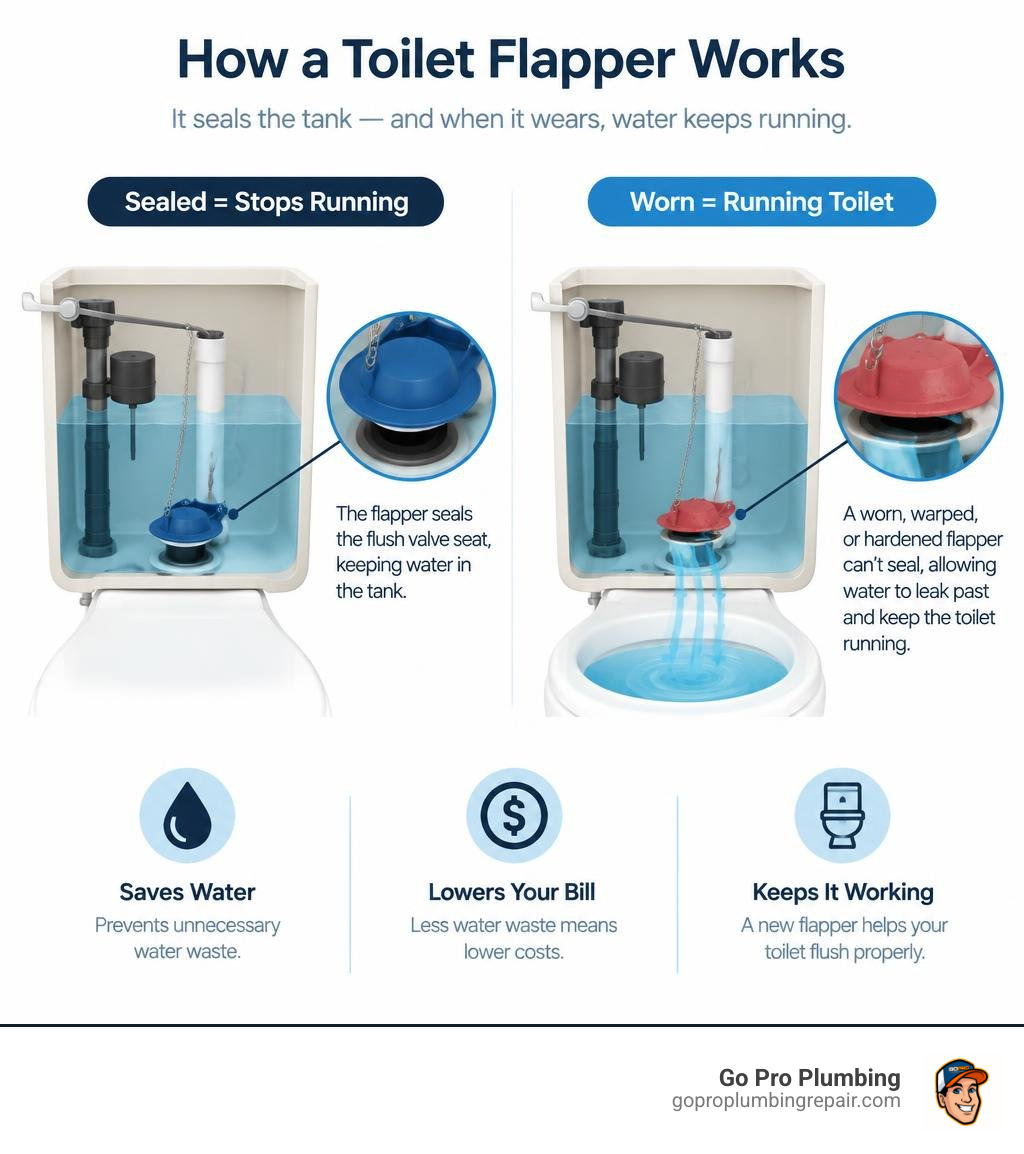 How a toilet flapper seals the tank and causes a running toilet when worn infographic