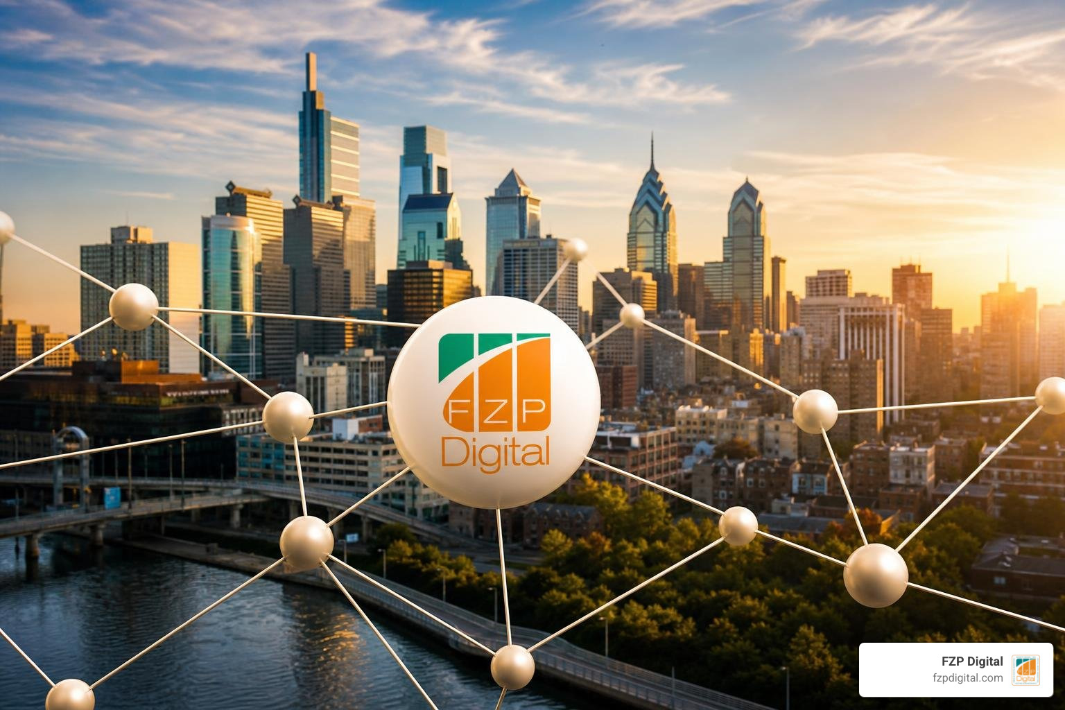 Local link building network map with Philadelphia skyline and FZP Digital logo