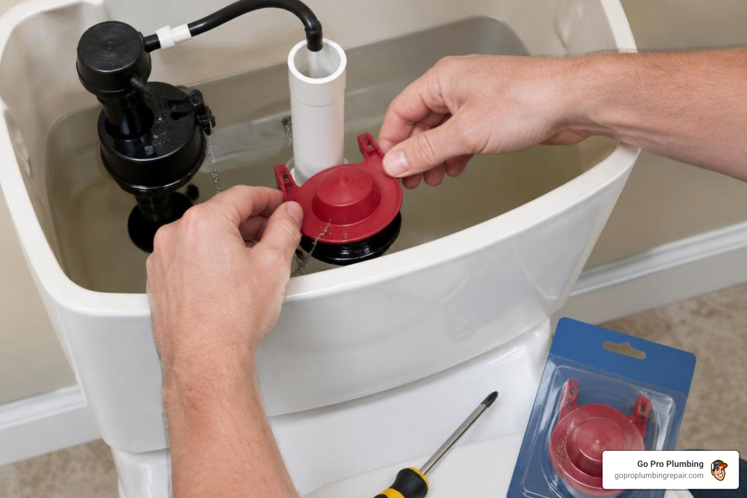 Homeowner installing a new toilet flapper on the overflow tube inside a clean tank