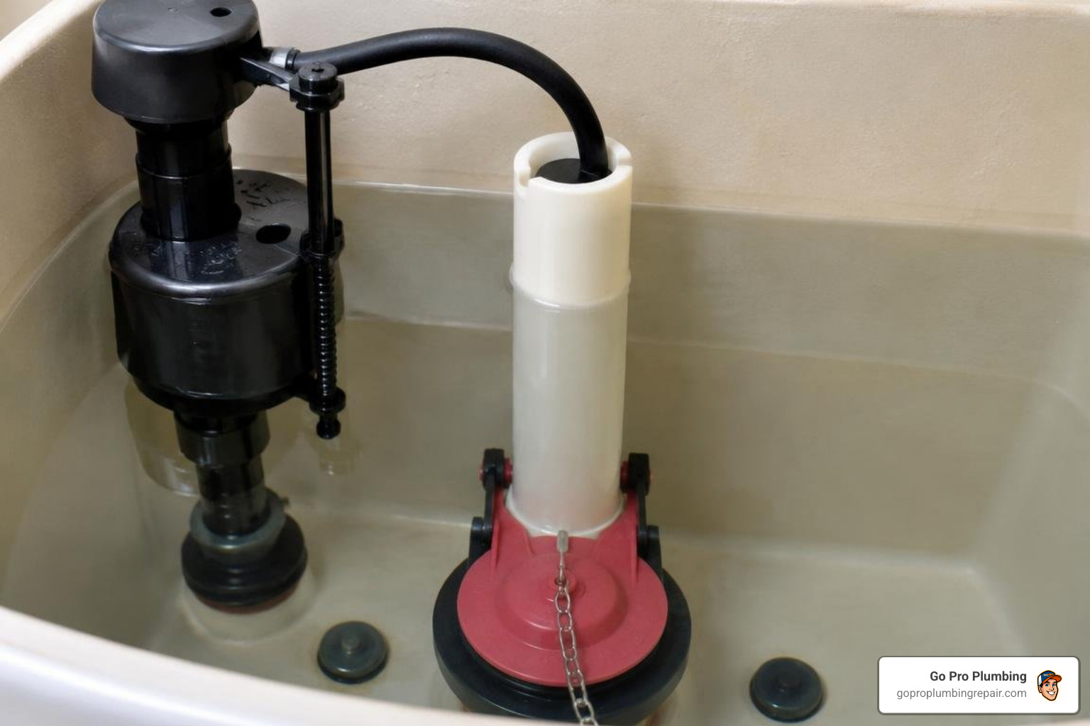 Toilet tank interior showing the relationship between fill valve, overflow tube, and water level line