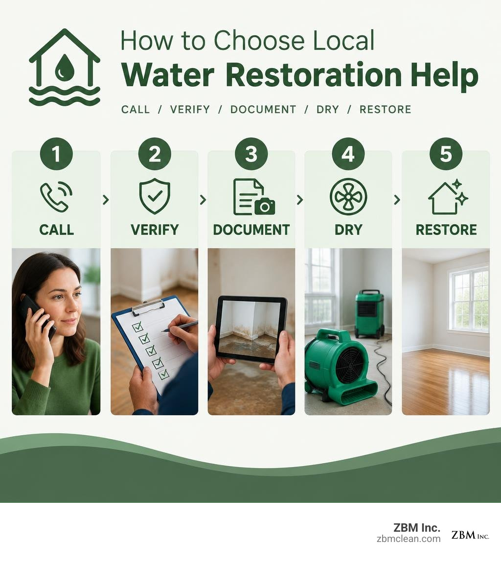 How to choose local water restoration help: call, verify, document, dry, restore infographic