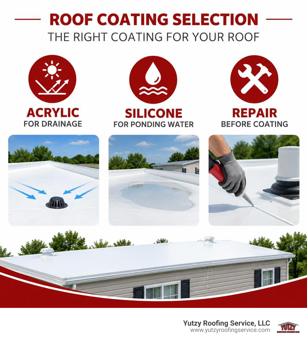 Roof coating selection infographic: acrylic for drainage, silicone for ponding water, repair before coating infographic Roof coating selection infographic: acrylic for drainage, silicone for ponding water, repair before coating infographic